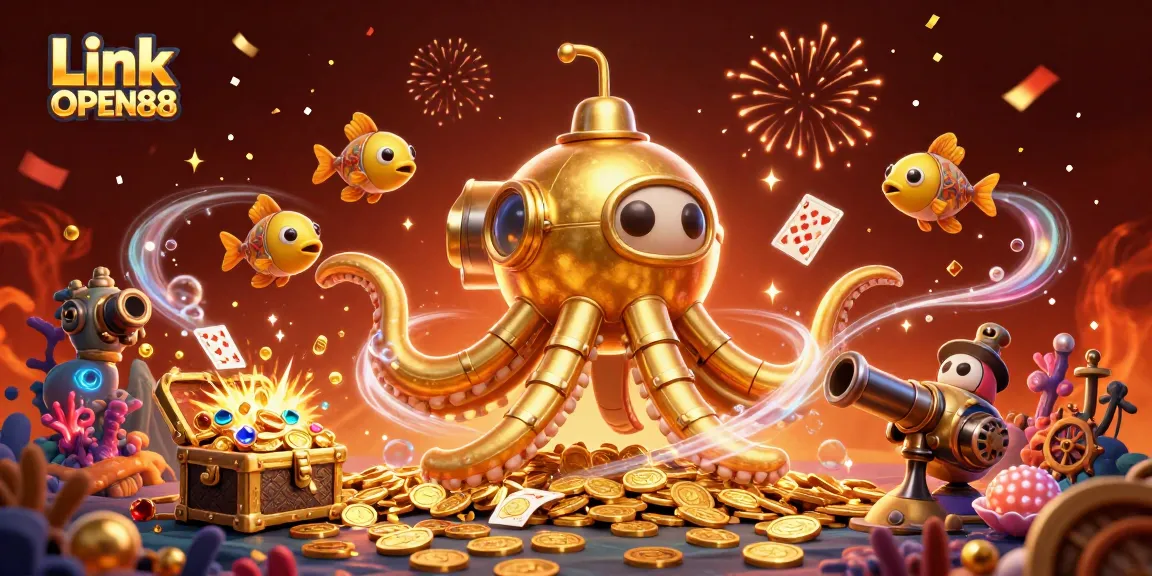 Engage with gaming adventures at Link OPEN88, where a golden kraken submarine reveals treasure amidst coins and cards.