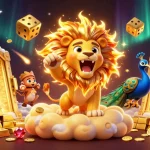 Spin the reels and win big with hello 88, featuring a cartoon sun lion amidst treasures and casino gems.