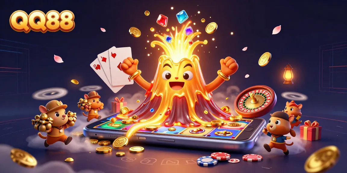 Experience thrilling wins at QQ88 with a golden volcano erupting coins and vibrant casino elements.