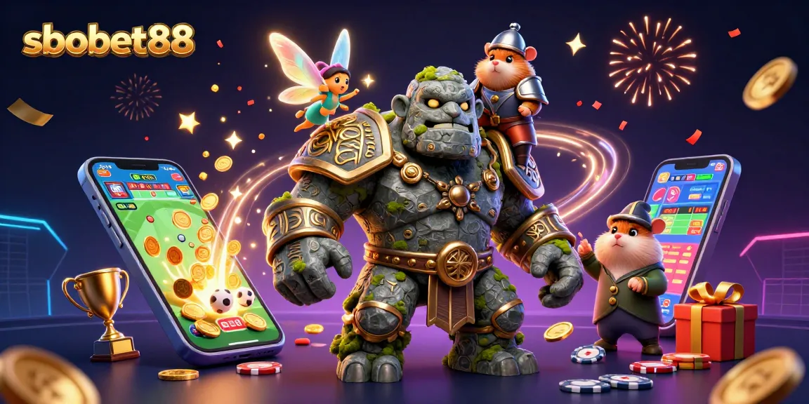Experience sbobet88's vibrant betting world with an ancient golem, fairy magic, and sports excitement.