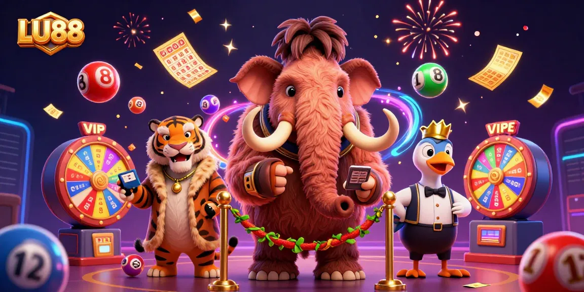 LU88 showcases a lively lottery scene with a mammoth bouncer, a saber-tooth tiger, and a dodo doorman.