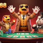 LUCKY88: Three raptors in a trench coat attempting entry into a VIP casino lounge while poker chips scatter.