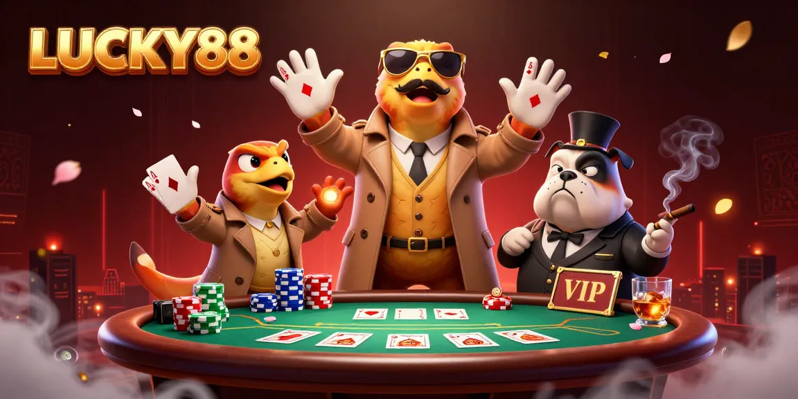LUCKY88: Three raptors in a trench coat attempting entry into a VIP casino lounge while poker chips scatter.
