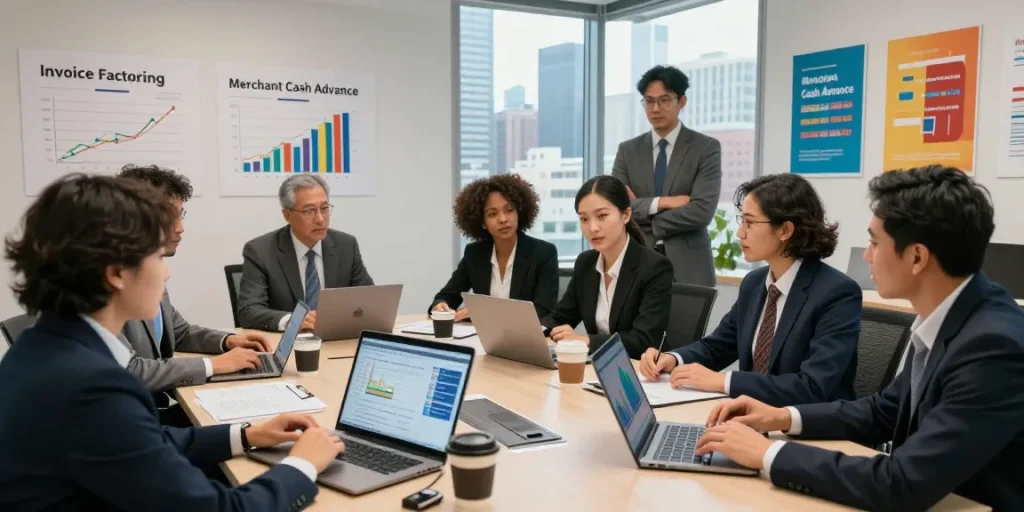 Comparison of invoice factoring vs merchant cash advance in a financial advisory meeting.