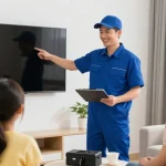 IPTV subscription installation by trusted local professional in a modern living room.