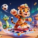 Engage with top online casinos through vibrant 3D illustration of a tiger sultan and sports-themed elements.