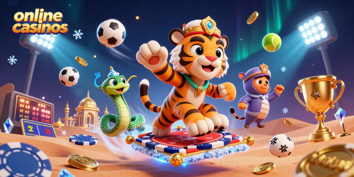 Engage with top online casinos through vibrant 3D illustration of a tiger sultan and sports-themed elements.