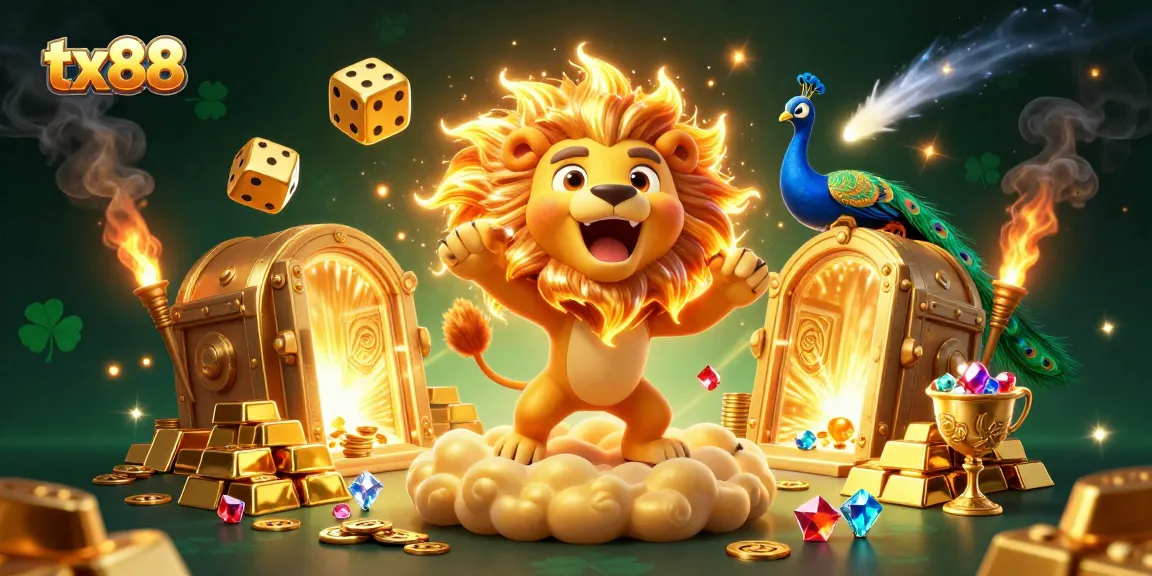 Engage with tx88's thrilling gameplay experience featuring vibrant casino elements and a roaring lion.