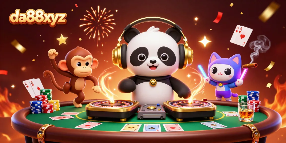 Engage with da88xyz through an exciting casino party featuring a DJ panda, dancing monkey, and colorful poker elements.