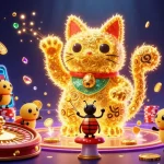 Engage with open88's vibrant game world featuring a golden lucky cat and casino symbols.