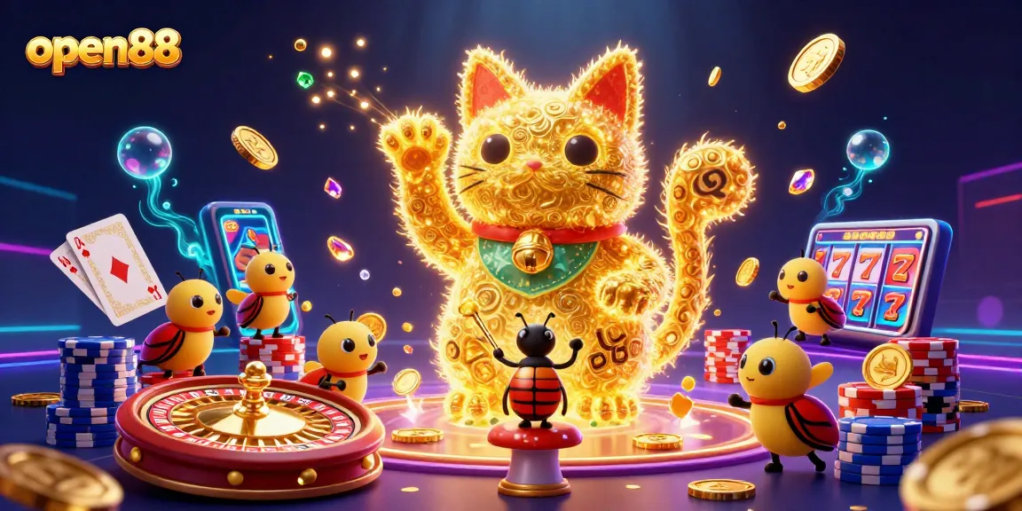 Engage with open88's vibrant game world featuring a golden lucky cat and casino symbols.