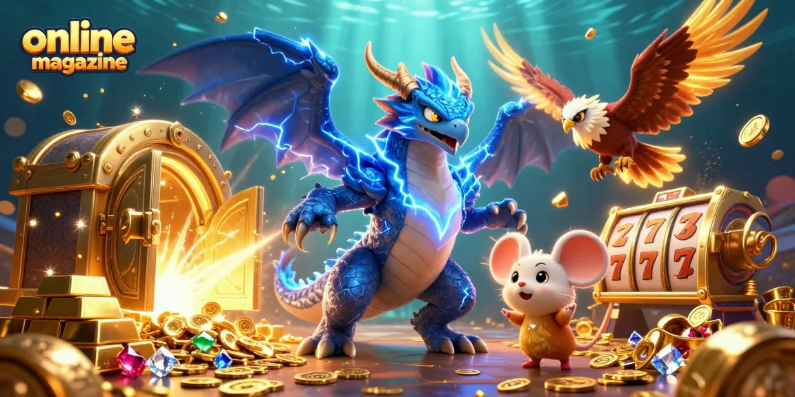 Engage with this online magazine illustration showcasing a thunder dragon and casino elements, representing thrilling adventures.