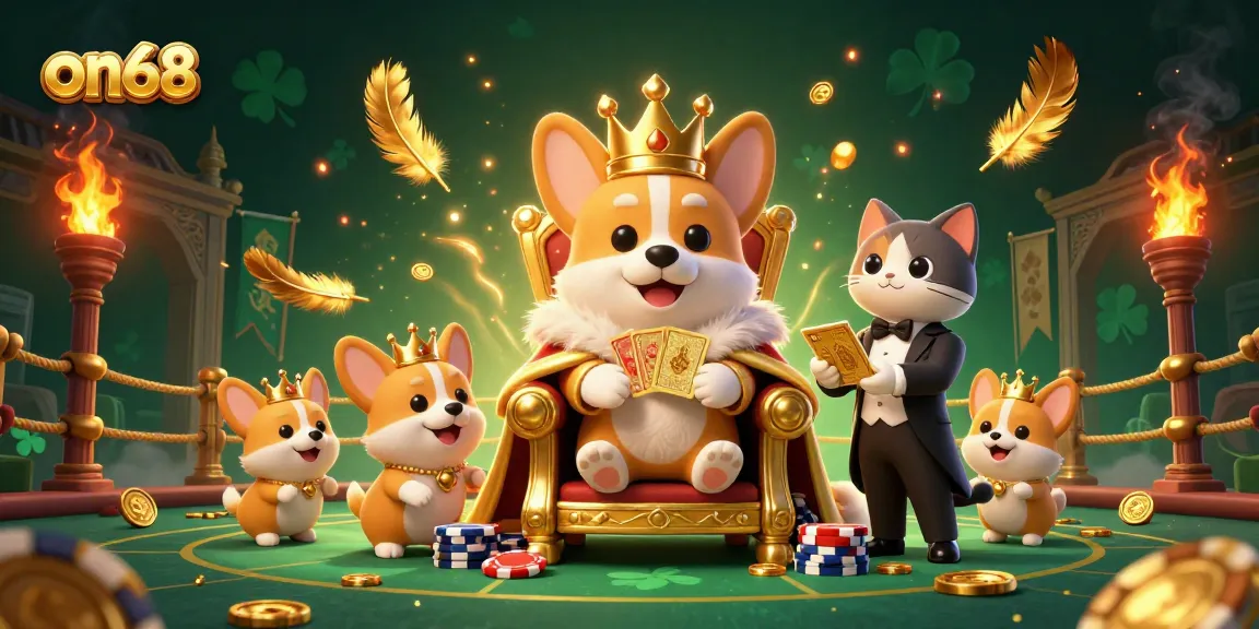 Experience the exciting world of on68 with a royal corgi sitting on a throne surrounded by engaging gambling elements.