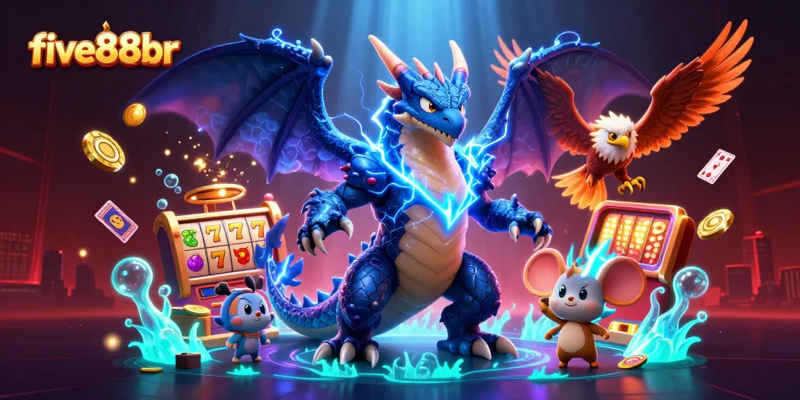 Experience the excitement of five88br with a lively illustration of a thunder dragon and casino symbols.