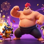 Experience thrilling slots at FABET in this vibrant 3D casino illustration featuring dynamic characters and lively game elements.