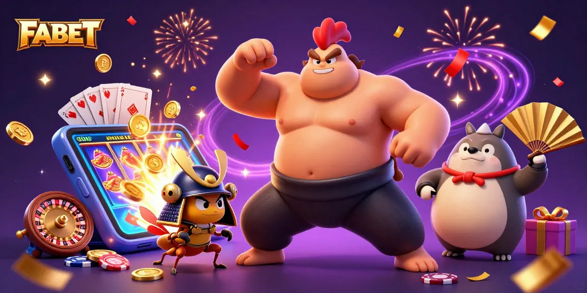 Experience thrilling slots at FABET in this vibrant 3D casino illustration featuring dynamic characters and lively game elements.