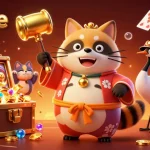 Engaging casino scene showcasing one88e's cheerful tanuki, crane, and fortune cats amidst vibrant gaming elements.