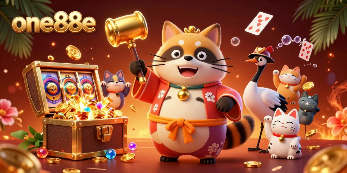 Engaging casino scene showcasing one88e's cheerful tanuki, crane, and fortune cats amidst vibrant gaming elements.