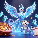 Socolive showcases a vibrant scene of an ice phoenix, snow leopard, and dancing sprites amidst animated casino elements.