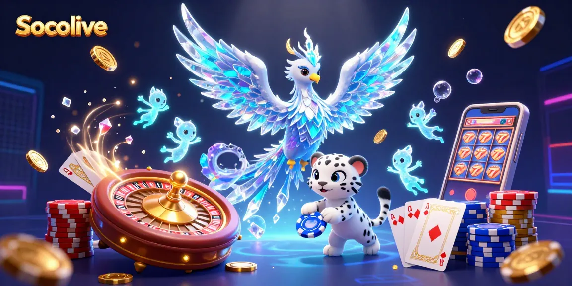 Socolive showcases a vibrant scene of an ice phoenix, snow leopard, and dancing sprites amidst animated casino elements.