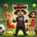 Join the excitement at online casino Australia with a lively raccoon and friends celebrating wins!