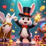 Engaging scene showcasing tylekeo68 with a magician rabbit, a dove, and a monkey among vibrant casino elements.