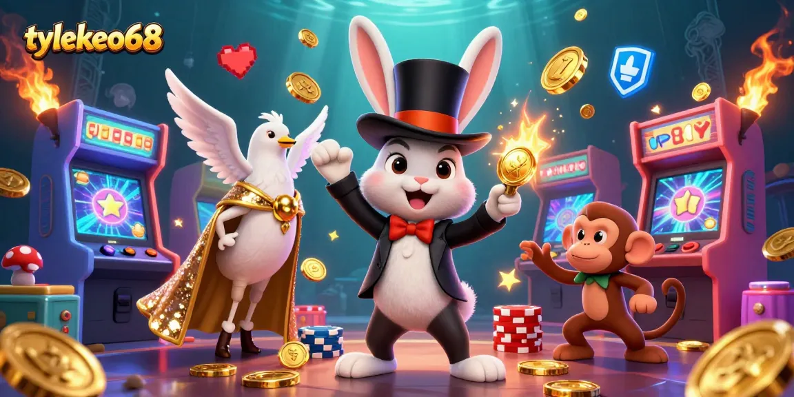 Engaging scene showcasing tylekeo68 with a magician rabbit, a dove, and a monkey among vibrant casino elements.