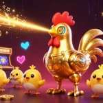Experience thrilling gaming action with lu88a, featuring a futuristic golden rooster robot in a vibrant casino scene.