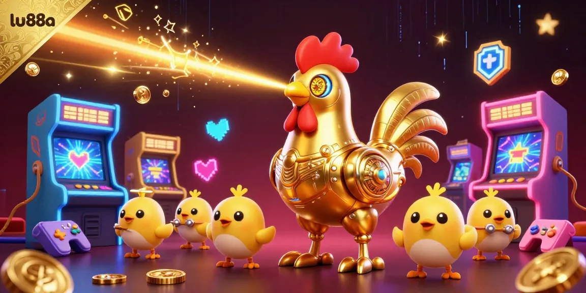 Experience thrilling gaming action with lu88a, featuring a futuristic golden rooster robot in a vibrant casino scene.
