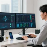 Cybersecurity analyst focused on network monitoring using slot7000 app in a modern workspace.