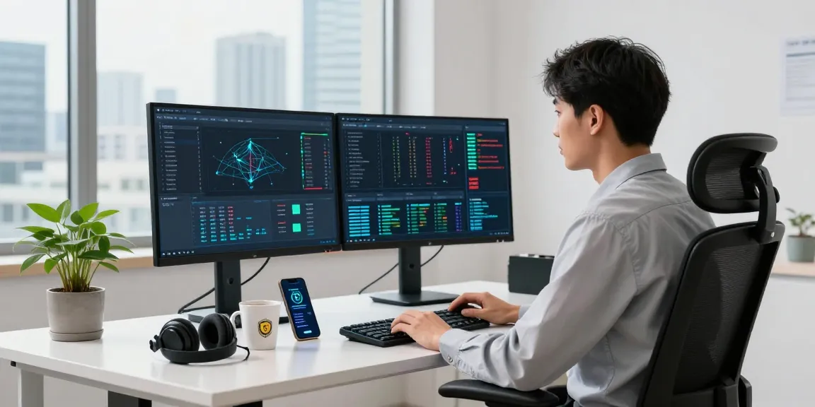 Cybersecurity analyst focused on network monitoring using slot7000 app in a modern workspace.